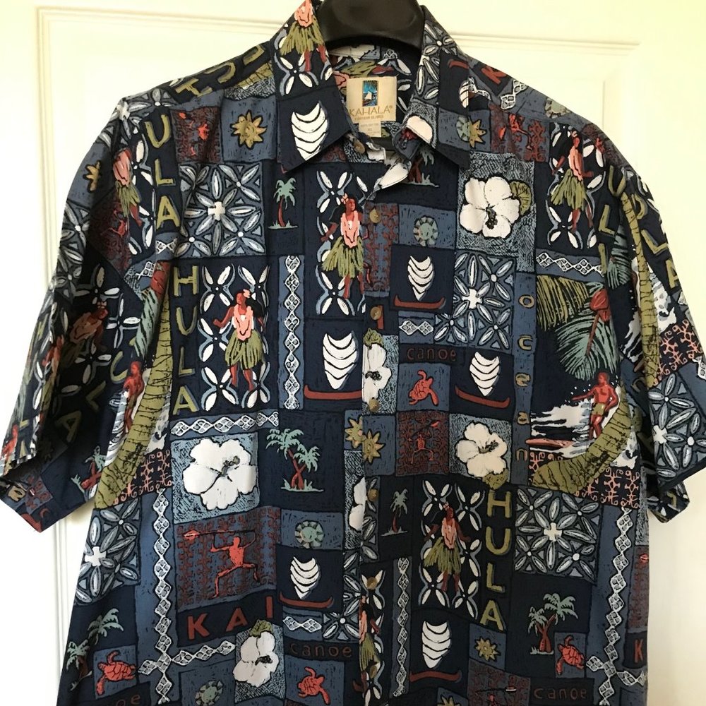 Kahala XL Hula Kai Tapa Navy Blue Aloha Shirt